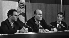 Top officials of President Lyndon Johnsons newly-named Crime Commission announced goals for a crusade against lawlessness at a meeting on Feb. 16, 1967 in Washington.  From left are: Executive Director James Vorenberg; Chairman Nicholas Katzenbach and Assistant Director Henry Ruth. (John Rous/AP)