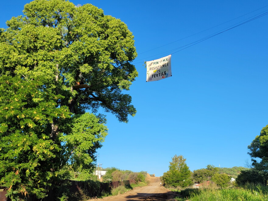 A sign along the U.S.-Mexico border reads: "From Minnesota to Mexico, resistance is fertile."