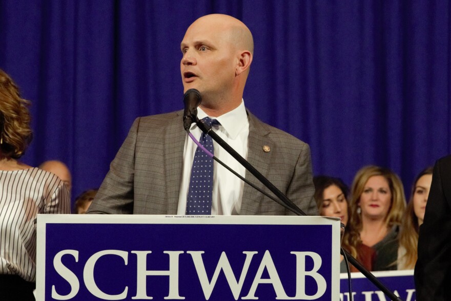 Scott Schwab giving his victory speech at the Johnson County Republicans' election watch party on Nov. 6, 2018.