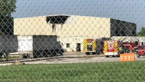 The fire-damaged Waste Management facility in Vanderburgh County, Aug. 28, 2026