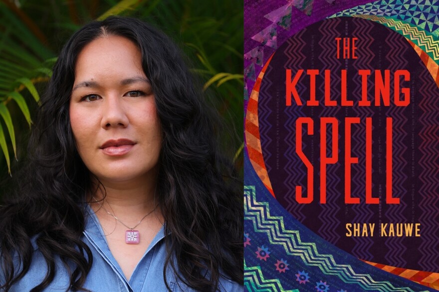 Native Hawaiian author Shay Kauwe alongside her debut urban fantasy novel, "The Killing Spell."