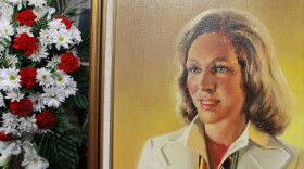 A portrait of a young Wally Funk at her celebration of life ceremony in Southlake, September 1, 2026.