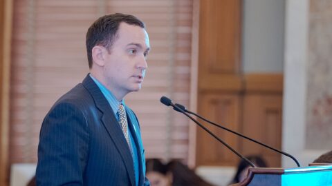 Rep. Blake Carpenter, R-Derby, assails Gov. Laura Kelly for vetoing the legislative branch's budget before the Kansas Legislature votes to override the governor's rejection of that piece of the appropriations bill.