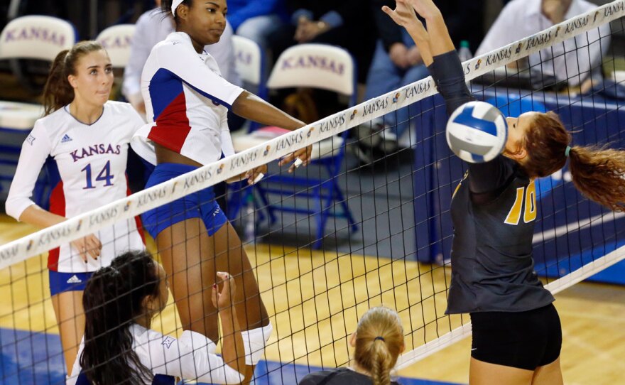 Kelsie Payne had 16 kills vs. Mizzou in the NCAA tournament and was a first-team All-American last year. (Photo by Jeff Jacobsen / KU Athletics)