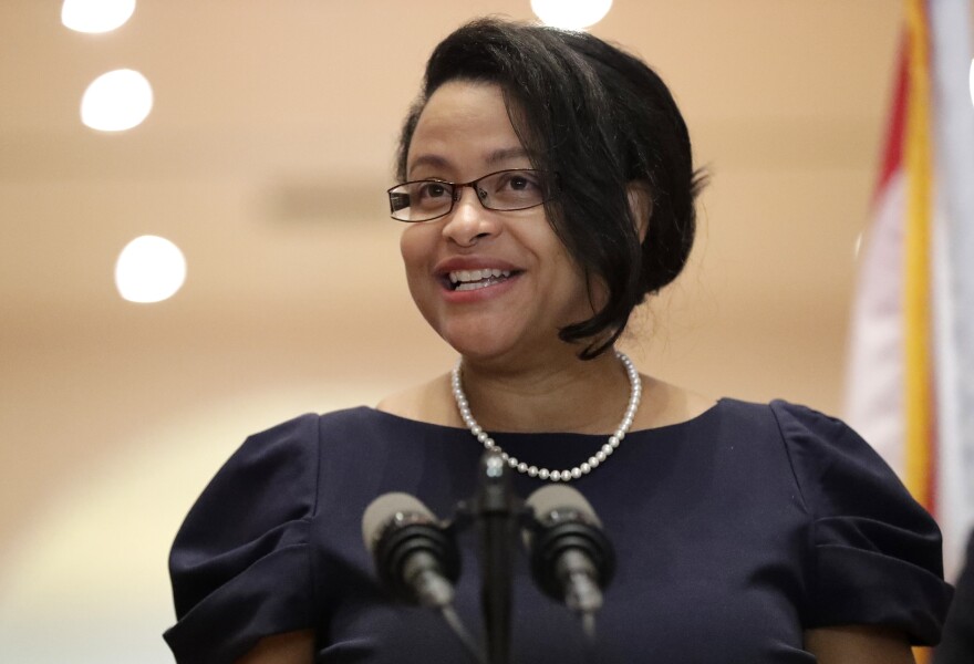 Renatha Francis speaks during a news conference on May 26, 2020, at the Miami-Dade Public Library in Miami. 