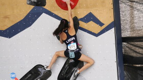 United States' Natalia Grossman climbs during women's boulder qualification at the climbing World Cup Friday, May 21, 2021, in Salt Lake City.