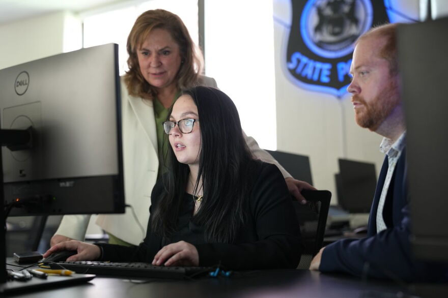 L to R: WMU Cold Case Program director Dr. Ashlyn Kuersten, 2026 Criminal Justice Studies Program graduate Maura Killips, and Dr. Patrick Cundiff, professor, Criminal Justice Studies Program.