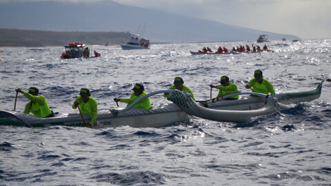 A Molokaʻi crew, seen here in the foreground, during the starting portion of Na Wahine O Ke Kai in 2024.