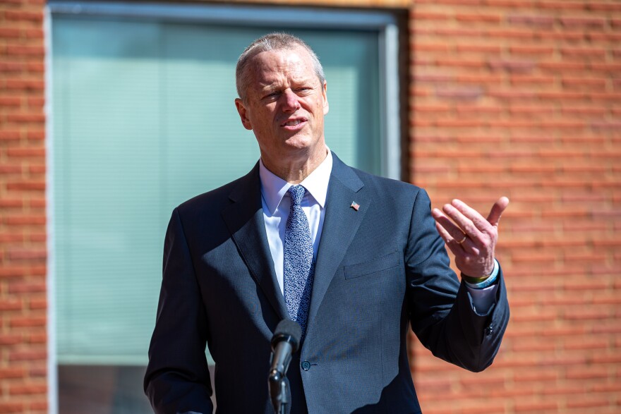 Massachusetts Governor Charlie Baker outside Morningstar Baptist Church in Boston on Sunday, March 22, 2020.