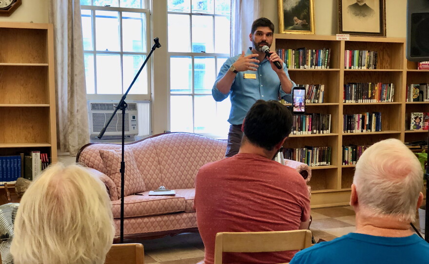 NY23 Democratic Party and Working Families Party candidate Aaron Gies speaks to a group of voters in Portville.