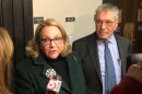 Suspended Cannabis Control Commission Chairwoman Shannon O'Brien and her lawyer, Max Stern, spoke with reporters after a Dec. 14, 2023 hearing in Suffolk Superior Court.