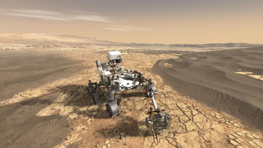 An artist's illustration of Perseverance on the Martian surface.