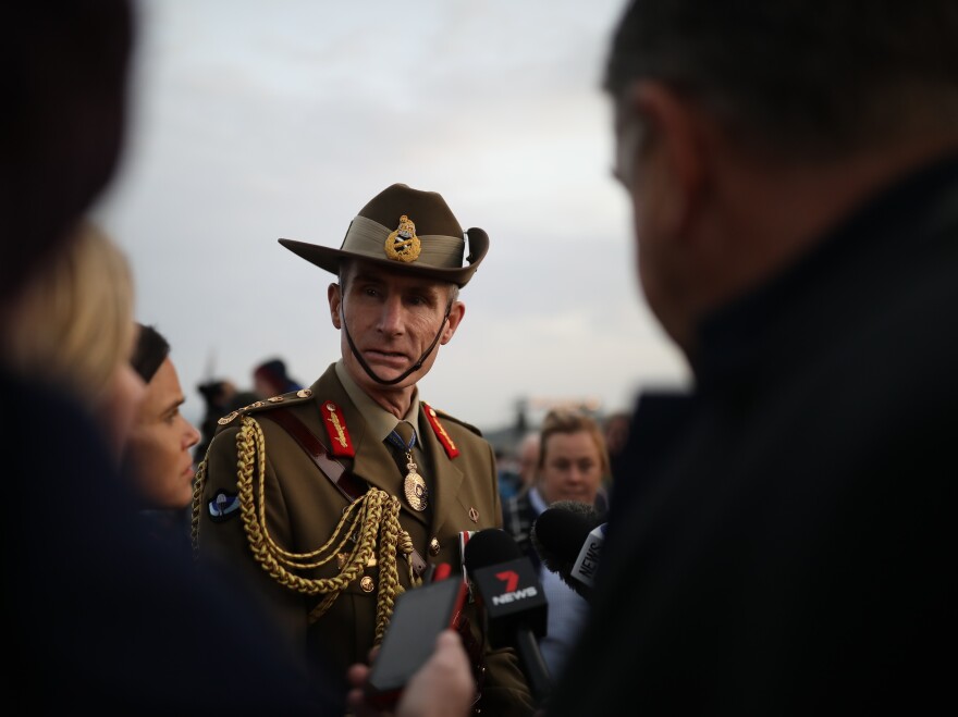Australia's Defense Force Chief Gen. Angus Campbell talks to members of the media following a ceremony at the Lone Pine Cemetery in Turkey in April 2018. Some point to him as an example of how to conduct civil military relations.
