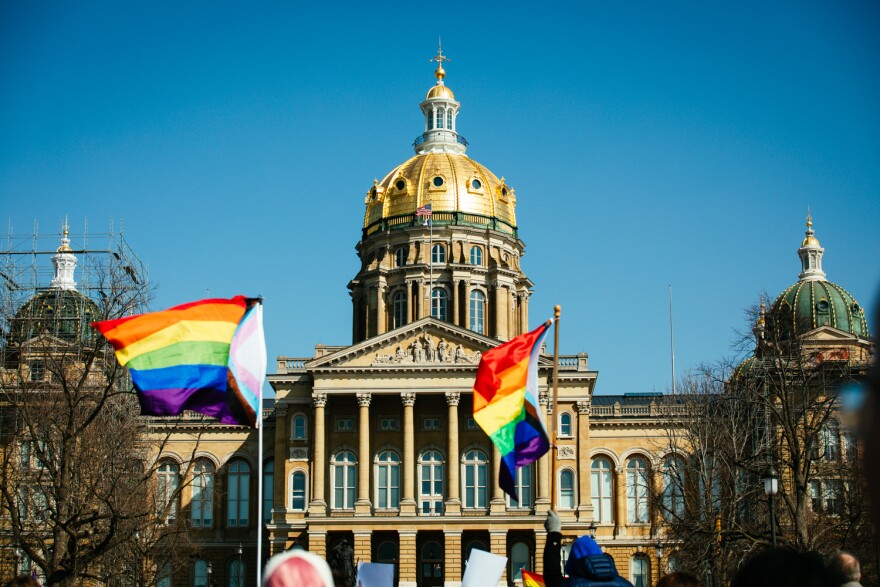 More than a thousand Iowans gathered at the Capitol in 2023 to protest multiple bills introduced in the state Legislature that targeted LGBTQ people.
