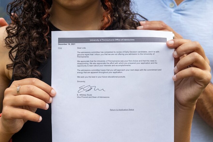Lola DeAscentiis with her rejection letter from the University of Pennsylvania.