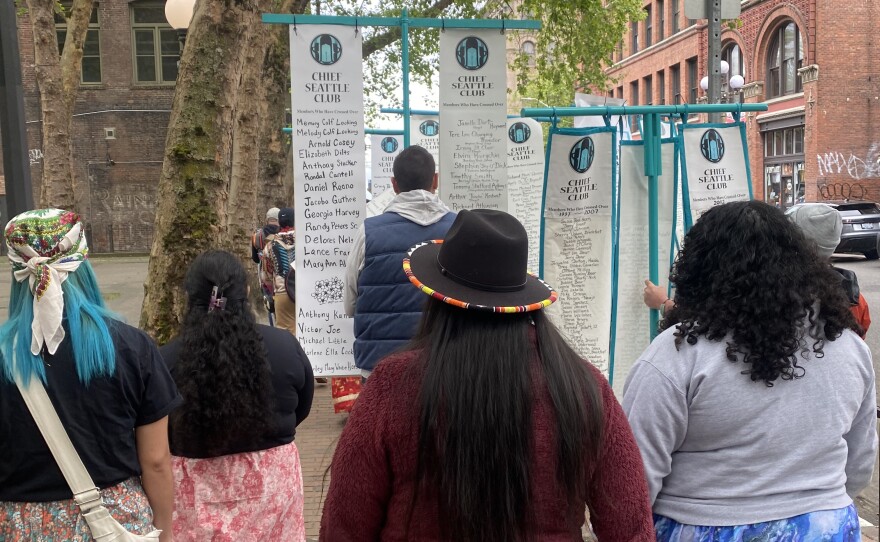 Community members help lead Chief Seattle Club's annual memorial walk in downtown Seattle on May 24, 2024.