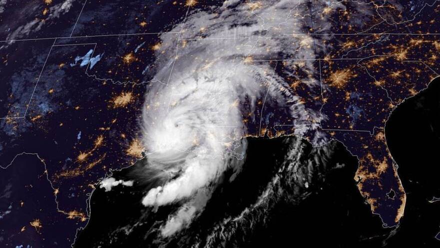 radar image of Hurricane Laura striking Louisiana