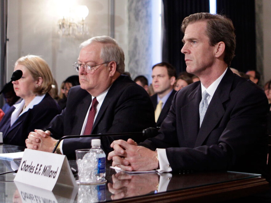Charles E.F. Millard (right), the former director of the Pension Benefit Guaranty Corp., appears May 20, 2009, at a Senate Special Committee on Aging hearing investigating the financial health of the PBGC. At left is Vince Snowbarger, currently the acting director of the PBGC.