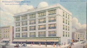 Image of a five-story department store with people walking on a broad sidewalk and early 1900s automobiles driving down the streets. Postcard image titled My Store, Bloomington's largest department store designed by A.L. Pillsbury.