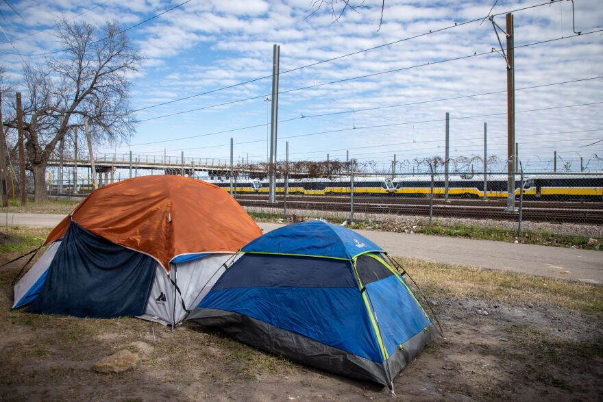 Two tents at a homeless encampment in Dallas. 