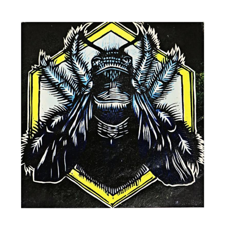 An example of a reductive woodcut completed by artist Javier Flores under the moniker Lenguaje Vulgar entitled Black Bee. Flores will be in residence at the Mancos Common Press later this month.
