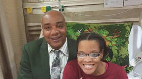 Arlington High School Alumni Association president Tim Bass and senior Monique'ka Lee at Riley Hospital for Children at Indiana University Health.