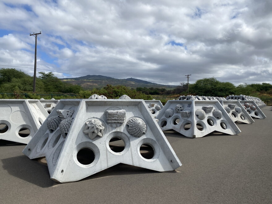 These multi-ton hybrid reef structures will reduce wave energy to slow coastal erosion, and support living coral ecosystems as a part of the Kalaeloa Hybrid Reef Project.