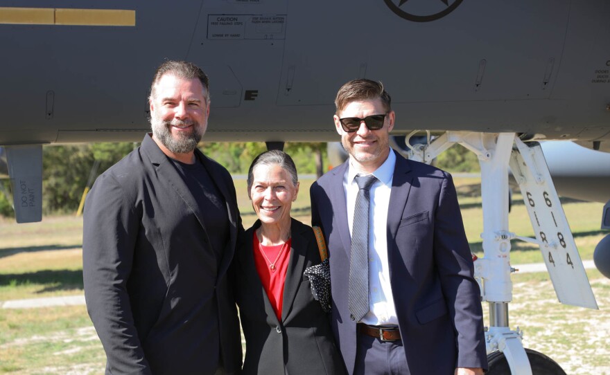 Brad, Trecia, and Gabe Chidester at the dedication of the Strike Eagle in honor of Maj. Gen. Robert "ChedBob" Chedister, at the Air Force Armament Museum, April 10, 2026.