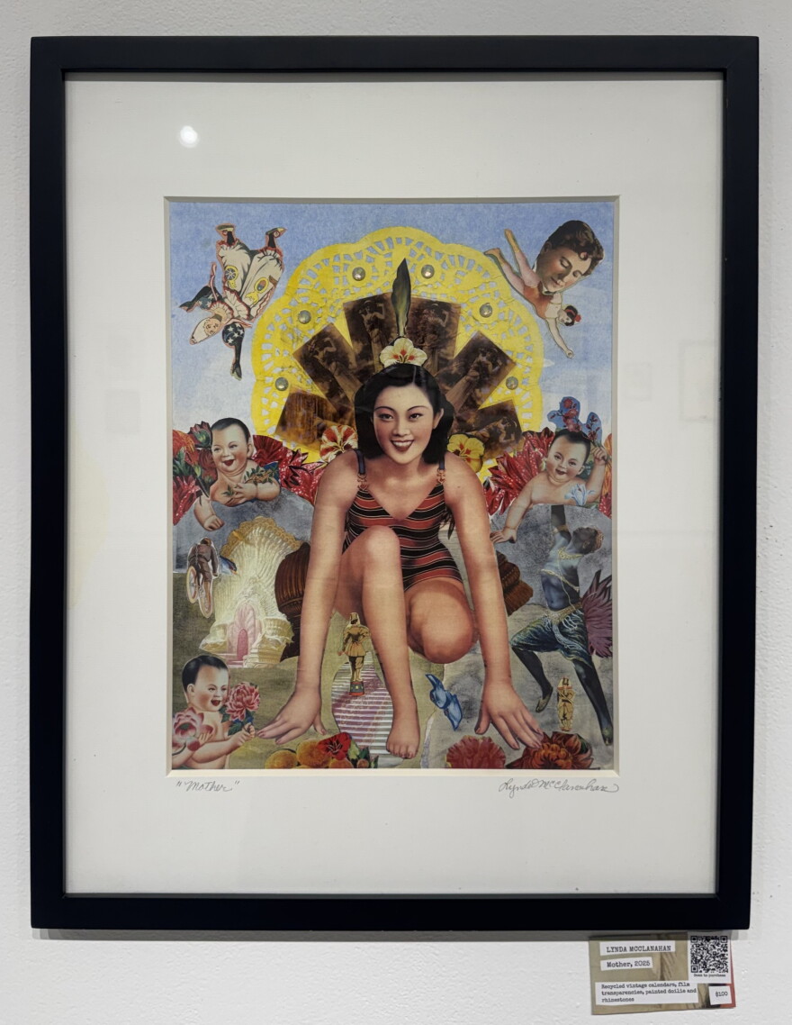 Local artist Lynda McClanahan's collage titled Mother hanging at the Pulp Stiction: Collage as an Act of Resistance at Hopkins Hall Gallery.