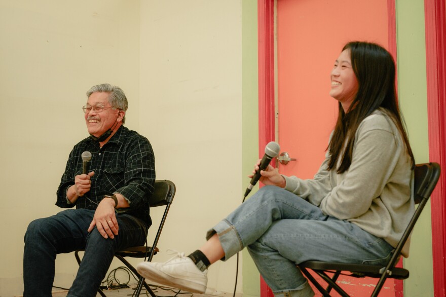 Harvey joins Berkeleyside reporter Iris Kwok laugh for a live session at the farewell event in April.