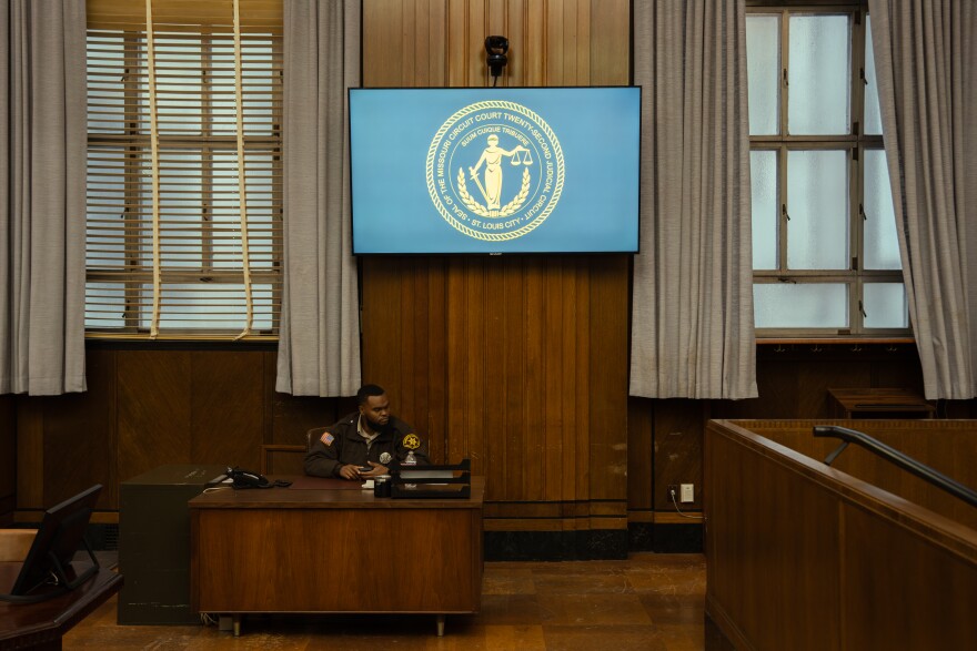Newly renovated courtrooms at the Mel Carnahan Courthouse boast large television screens on Wednesday, Dec. 10, 2025, in downtown St. Louis.