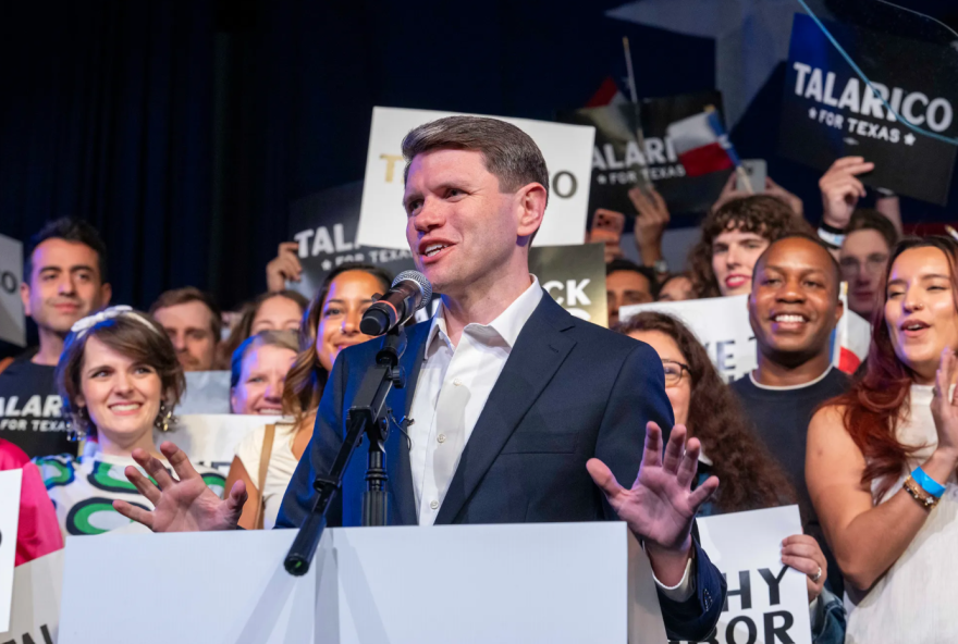 Democratic nominee James Talarico speaks to supporters just before midnight after winning the primary for U.S. Senate on March 3, 2026. 
