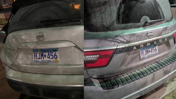 Identical license plates are seen on two different vehicles parked directly next to one another in a Baxter parking lot on Wednesday, Feb. 11, 2026. These vehicles were later confirmed to be used by Immigration and Customs Enforcement agents, and one was parked in a Crow Wing County parking lot the next day. The tag on the left shows a 2002 registration, while the one of the right has no year.