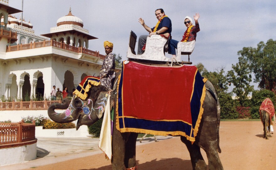 Justice Antonin Scalia and Justice Ginsburg pose on an elephant during their tour of India in 1994.