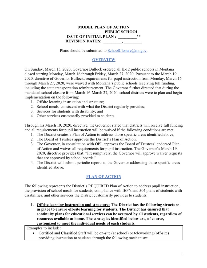 March 2020 - A model COVID-19 action plan for schools outlines the four planning categories and gives guidance on each.