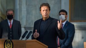 Pakistan's former Prime Minister Imran Khan speaks during a joint press conference with Afghan president at the Presidential Palace in Kabul on November 19, 2020.