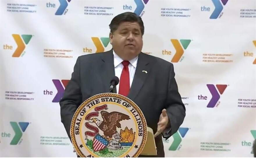 Gov. JB Pritzker during a stop Thursday in Bloomington.