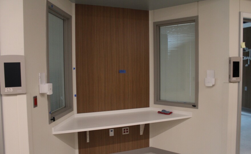 A nurses' desk in the new ICU at Citizens Memorial Hospital in Bolivar, Mo. on February 17, 2026, which allows the health provider to work while keeping an eye on patients.