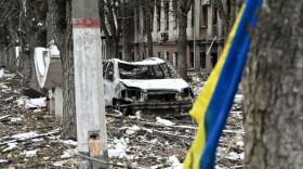 The view of military facility which was destroyed by recent shelling in the city of Brovary outside Kyiv on March 1, 2022. (Genya Savilov/AFP/Getty Images)