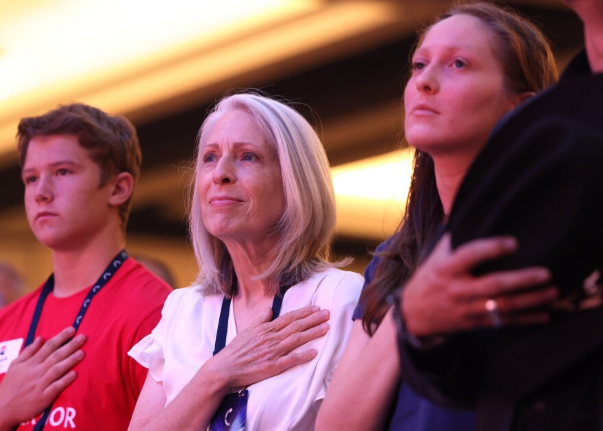 Mylie Biggs (right), the daughter of Arizona Congressman Andy Biggs, at a Phoenix rally for his run for governor on May 31, 2025.