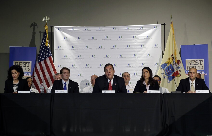 New Jersey Governor Chris Christie, center, addressed a gathering on Ebola preparedness last month at Hackensack University Medical Center.