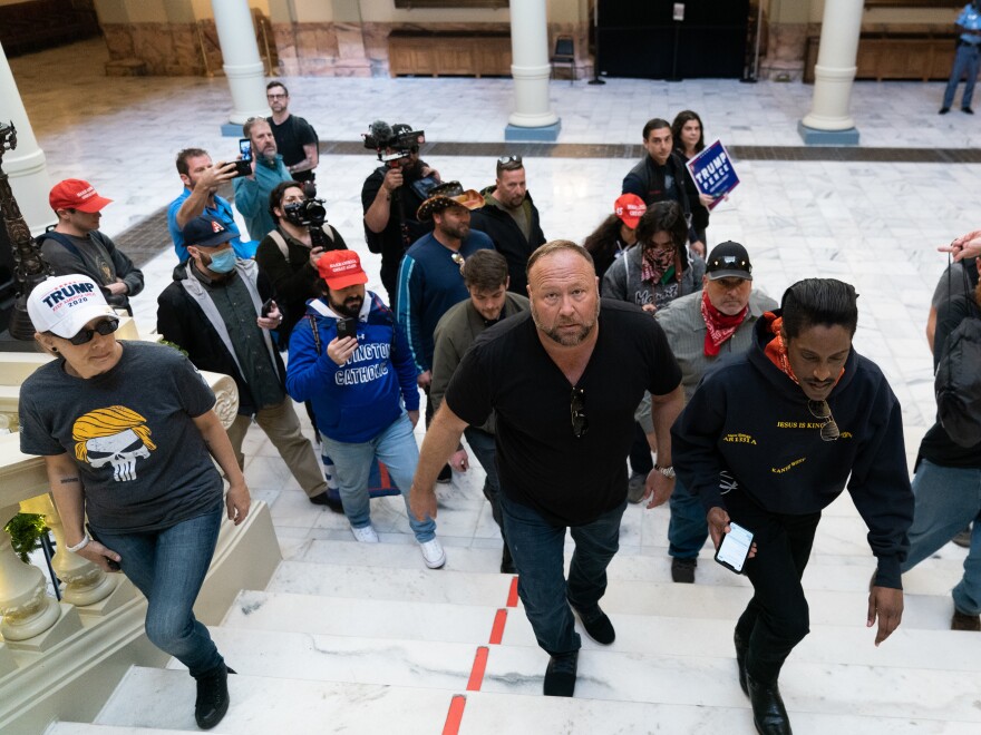 Jones inside the Georgia State Capitol during a "Stop the Steal" rally against the results of the U.S. presidential election on Nov. 18, 2020 in Atlanta, Ga.