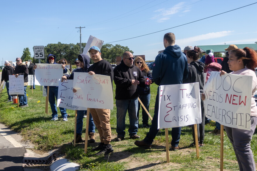 Many correction officers from around the state came to picket against Michigan’s Department of Corrections in St. Louis on Tuesday, Sept. 22, 2026. Officers are expressing concerns after a worker was assaulted by an inmate at the St. Louis Correctional Facility last week.