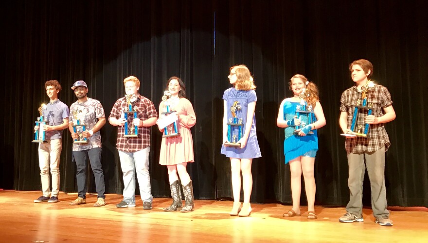 First- and second-place winners of Commerce Idol. L-R: Louis Raymond-Kolker, Vamsi Kalakuntla, Colton Davis, Jayla Demidio, Romy Cramer, Lauren Westhafer, and Michael McWhorter.