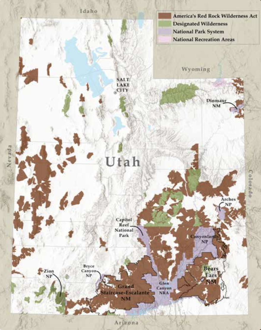 A map of Utah showing land that would be protected by America’s Red Rock Wilderness Act.