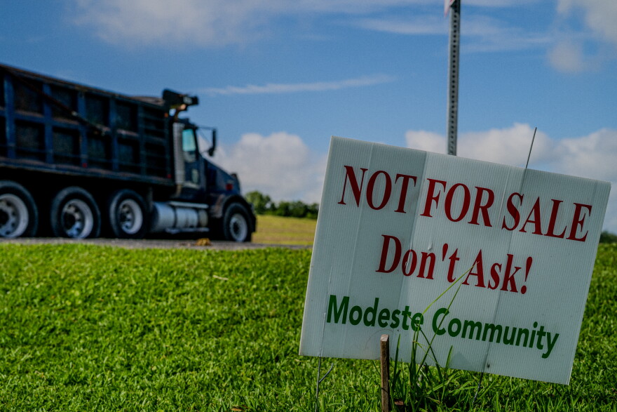 A sign in Modeste, Louisiana, on Tuesday, June 9, 2026, reads: "NOT FOR SALE Don't Ask!" Some residents in Ascension Parish say they’ve been kept in the dark about the Hyundai Steel project and refuse to sell their property for the site. 