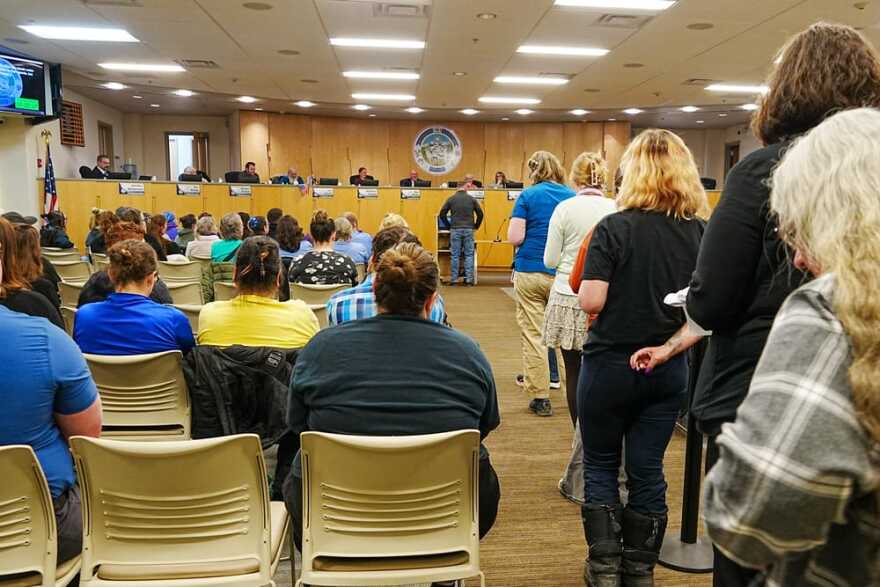 Matanuska-Susitna Borough residents wait in line to speak during public comment at Matanuska-Susitna Borough Assembly meeting March 3, 2026.