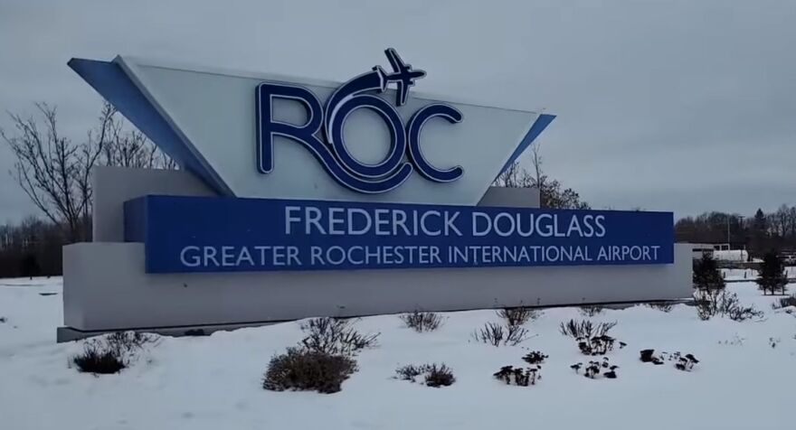 New signage unveiled in Monroe County on Sunday for the Frederick Douglass Greater Rochester International Airport.