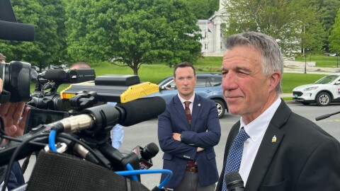 Gov. Phil Scott speaks with reporters on Thursday, May 28, 2026 before filing to run for reelection. The Republican governor is seeking a sixth two-year term.