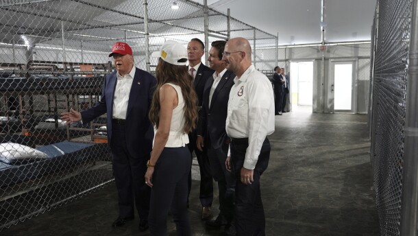 President Donald Trump, Gov. Ron DeSantis, R-Fla., and Homeland Security Secretary Kristi Noem, and others, tour "Alligator Alcatraz," a new migrant detention facility at Dade-Collier Training and Transition facility, Tuesday, July 1, 2025, in Ochopee.